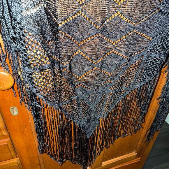 Black Fringe Knit Shawl Wrap | Boho Triangle Scarf | 82x35 + 7” Fringe - Picture 12 of 12
